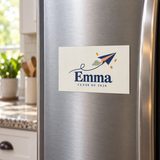 Illustrative refrigerator scene of one 7.5 x 4.5 inch printed vinyl graduation magnet. Emma and 2026 are examples; props not included.