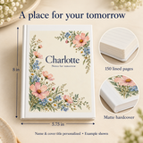 Illustrative product guide: 5.75 x 8 inch matte hardcover journal, 150 lined pages, custom cover name and title.