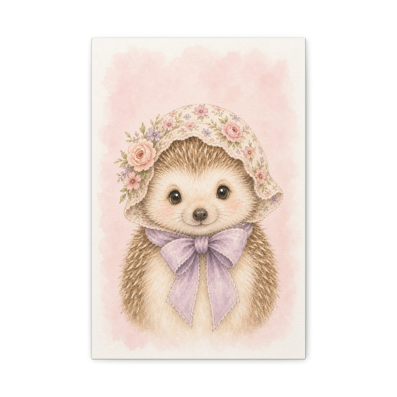 Baby Hedgehog Nursery Canvas Wall Art — Floral & lavender series. Product mockup 1 of 24.