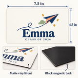 Illustrative dimensions and magnetic backing guide of one 7.5 x 4.5 inch printed vinyl graduation magnet. Emma and 2026 are examples; props not included.