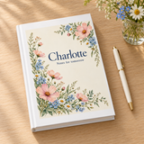 Illustrative desk scene showing one personalized floral journal. Charlotte is an example; pen and flowers not included.