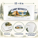 Illustrative dimensions and material guide of one 12 x 6 inch decorative aluminum plate. CAMP BENNETT and WEEKEND CREW are personalized examples; mounting hardware and props not included. Not a vehicle registration plate.