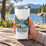 Illustrative outdoor size-in-hand view of the personalized 20oz stainless steel tumbler. Michael and 2026 are examples; props not included.