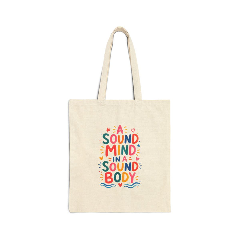 A Sound Mind In A Sound Body Tote Bag — Ancient Wisdom Quote Canvas Bag — Colorful Philosophy Gift — Front view — Photo 1