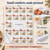 Illustrative size and material guide for a nominal 30 x 40 inch one-sided velveteen blanket; family name example shown.