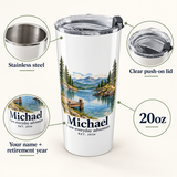 Illustrative material, capacity, lid and personalization guide of the personalized 20oz stainless steel tumbler. Michael and 2026 are examples; props not included.