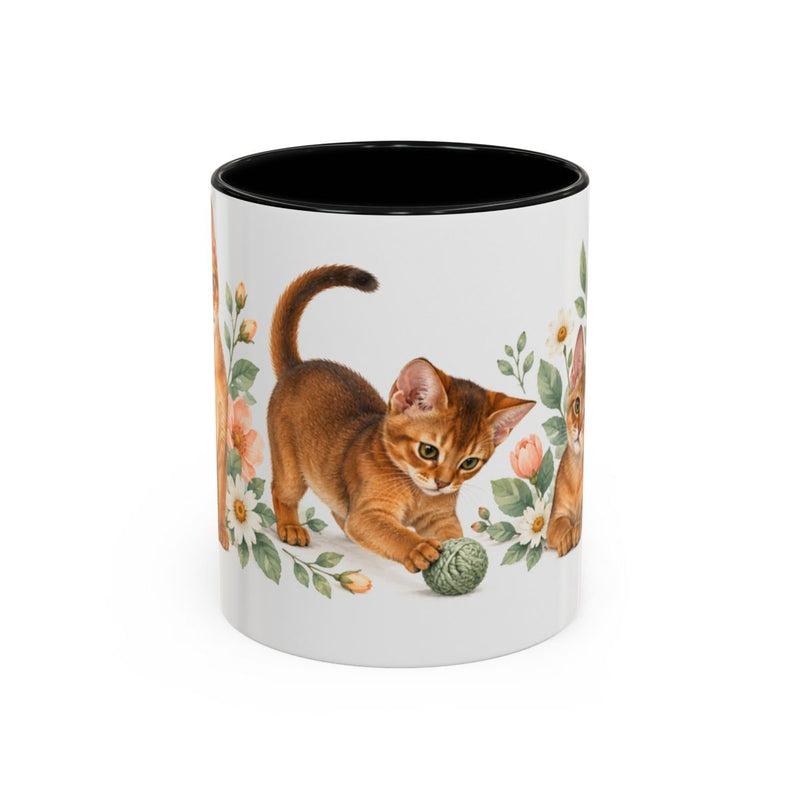 Abyssinian Mug, Cute Watercolor Cat Coffee Cup, Floral Pet Lover Gift, 11oz 15oz Ceramic Accent Mug — 11oz / Black — front