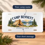 Illustrative custom text positions guide of one 12 x 6 inch decorative aluminum plate. CAMP BENNETT and WEEKEND CREW are personalized examples; mounting hardware and props not included. Not a vehicle registration plate.