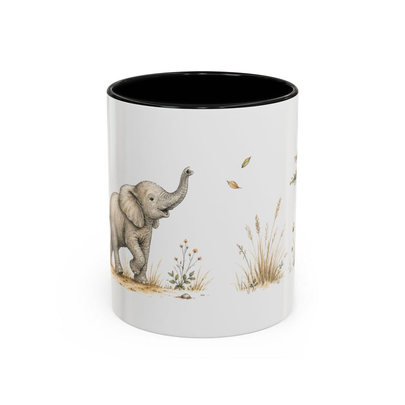 African Elephant Calf Accent Mug | Watercolor Nature Coffee Cup | 11oz 15oz Wildlife Lover Gift — 11oz / Black — front