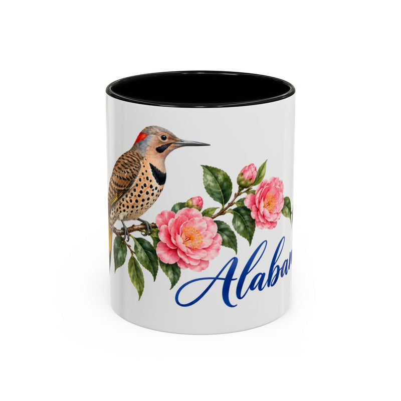 Alabama State Bird and Flower Mug, Watercolor Botanical Coffee Cup, Nature Lover Gift, 11oz 15oz Accent Mug — 11oz / Black — front