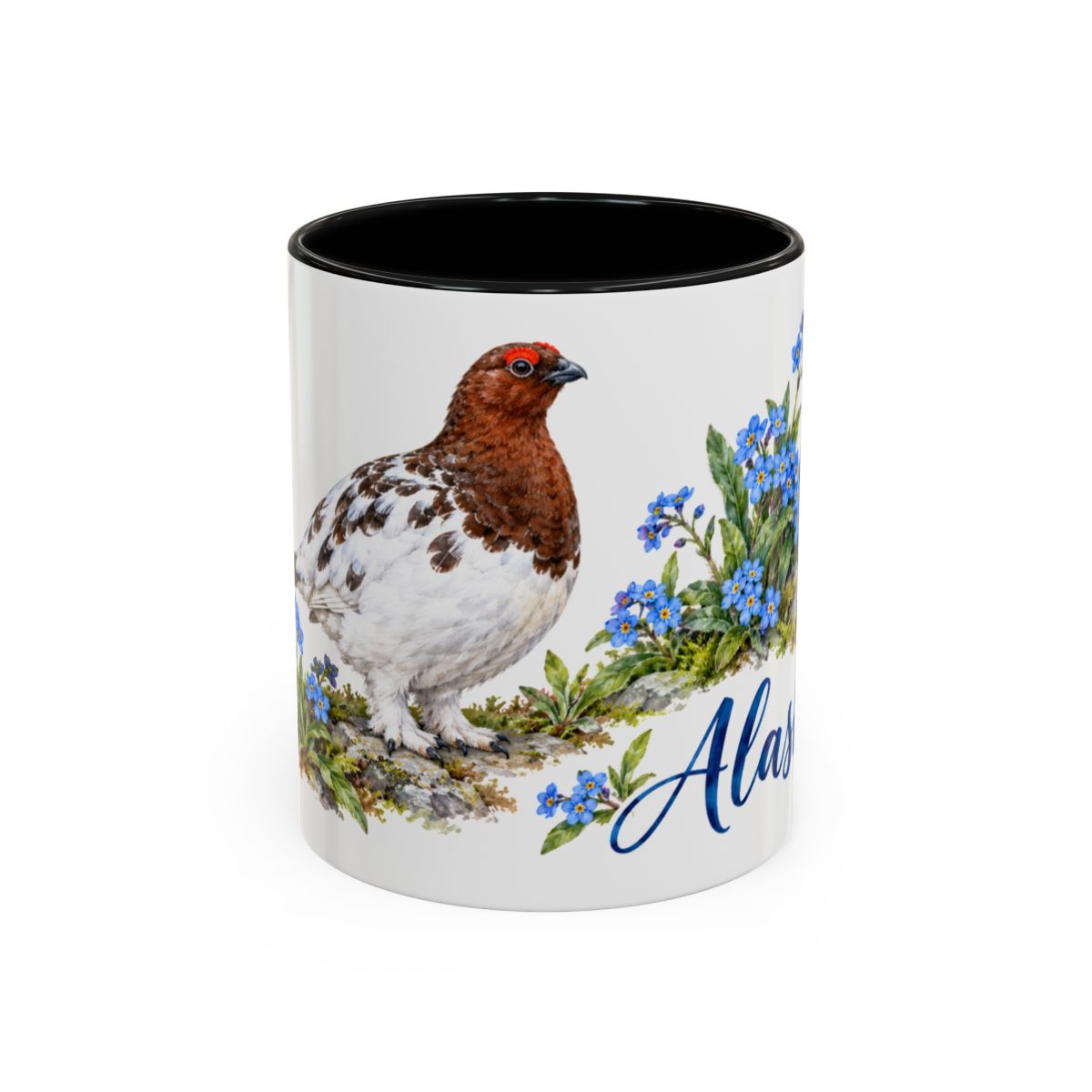Alaska State Bird and Flower Mug, Watercolor Botanical Coffee Cup, Nature Lover Gift, 11oz 15oz Accent Mug — 11oz / Black — front