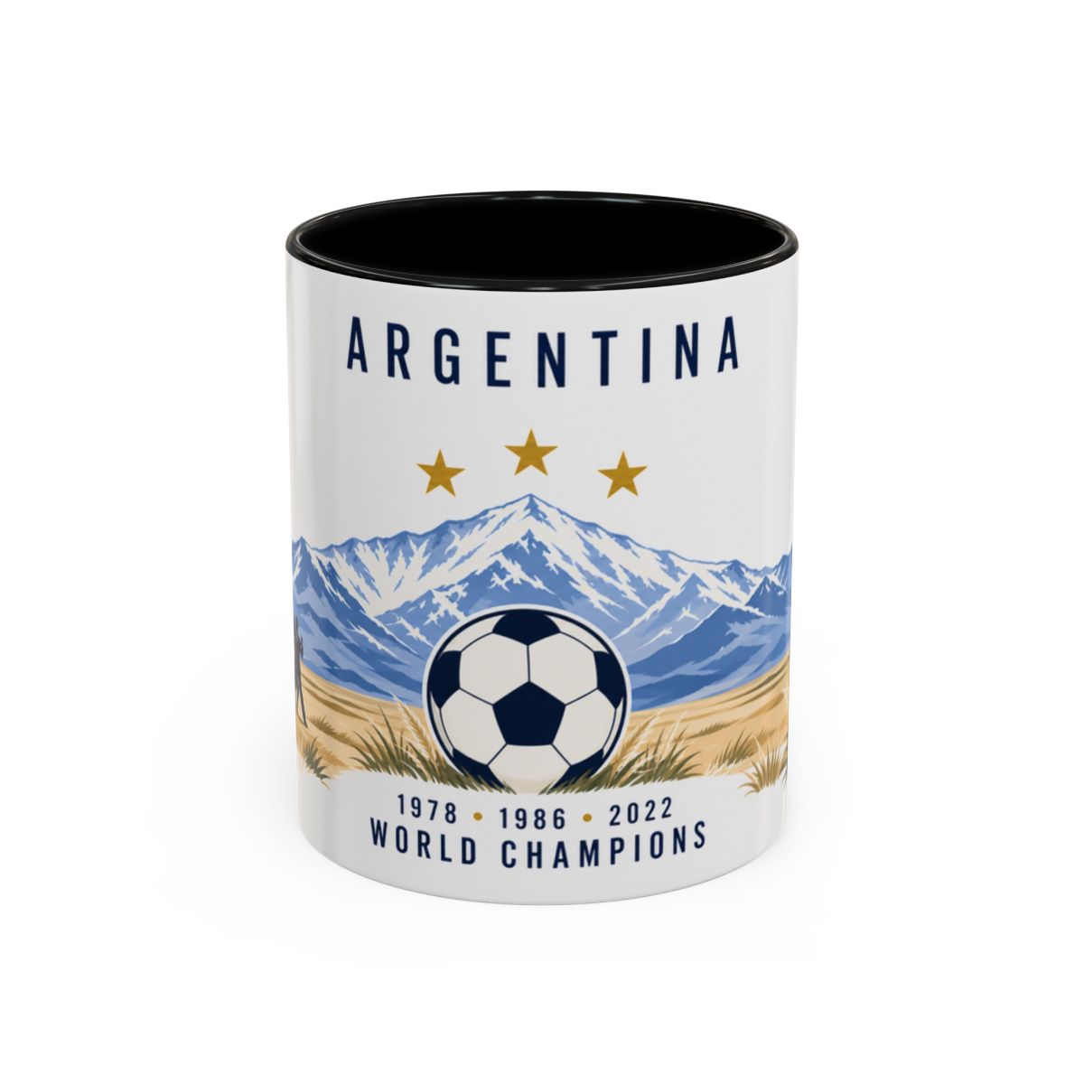 Argentina World Champions Mug — Three Time Soccer Champion Gift — Argentine Football Fan Cup — 1978–2022 — 11oz 15oz — Front view — Photo 1