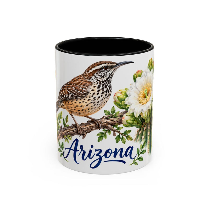Arizona State Bird and Flower Mug, Watercolor Botanical Coffee Cup, Nature Lover Gift, 11oz 15oz Accent Mug — 11oz / Black — front