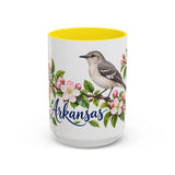 Arkansas State Bird and Flower Mug, Watercolor Botanical Coffee Cup, Nature Lover Gift, 11oz 15oz Accent Mug — 15oz / Yellow — front