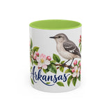 Arkansas State Bird and Flower Mug, Watercolor Botanical Coffee Cup, Nature Lover Gift, 11oz 15oz Accent Mug — 11oz / Light Green — front
