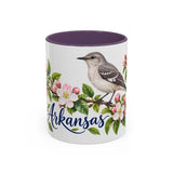 Arkansas State Bird and Flower Mug, Watercolor Botanical Coffee Cup, Nature Lover Gift, 11oz 15oz Accent Mug — 11oz / Purple — front