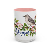 Arkansas State Bird and Flower Mug, Watercolor Botanical Coffee Cup, Nature Lover Gift, 11oz 15oz Accent Mug — 15oz / Pink — front