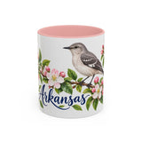 Arkansas State Bird and Flower Mug, Watercolor Botanical Coffee Cup, Nature Lover Gift, 11oz 15oz Accent Mug — 11oz / Pink — front