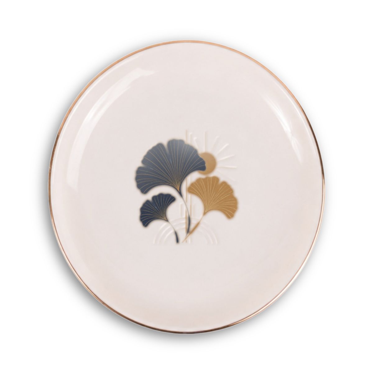 Art Deco Ginkgo Ceramic Ring Dish, Gold Rim Trinket Tray, Jewelry Holder Gift, Round Wavy Round Heart — Front view — Photo 1
