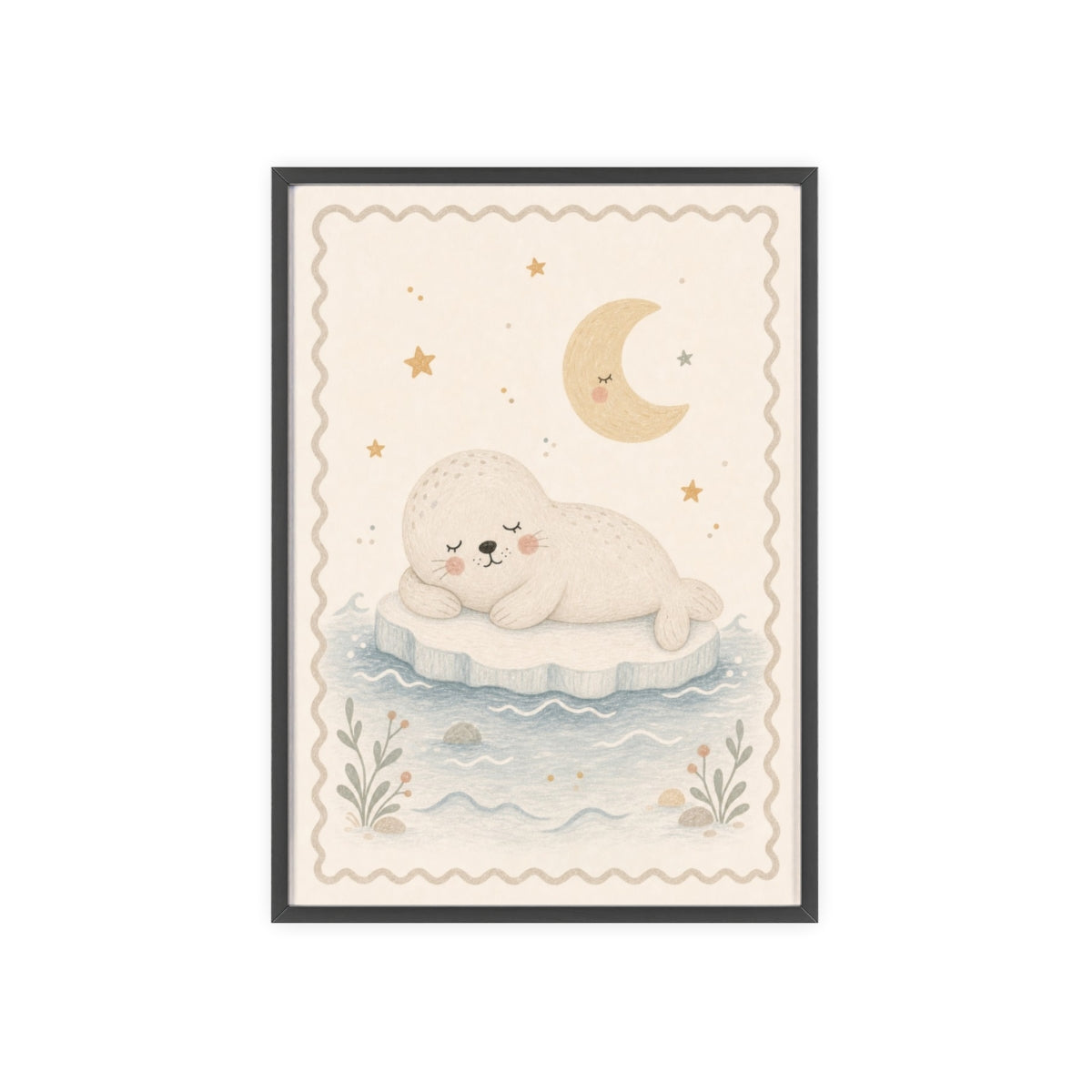 Baby Seal Stars Framed Nursery Poster, Storybook Kids Room Wall Art, A4 A3 Size — Front view — Photo 1