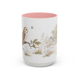 Barn Owl Accent Mug | Watercolor Nature Coffee Cup | 11oz 15oz Farm Animal Gift — 15oz / Pink — front
