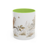 Barn Owl Accent Mug | Watercolor Nature Coffee Cup | 11oz 15oz Farm Animal Gift — 11oz / Light Green — front