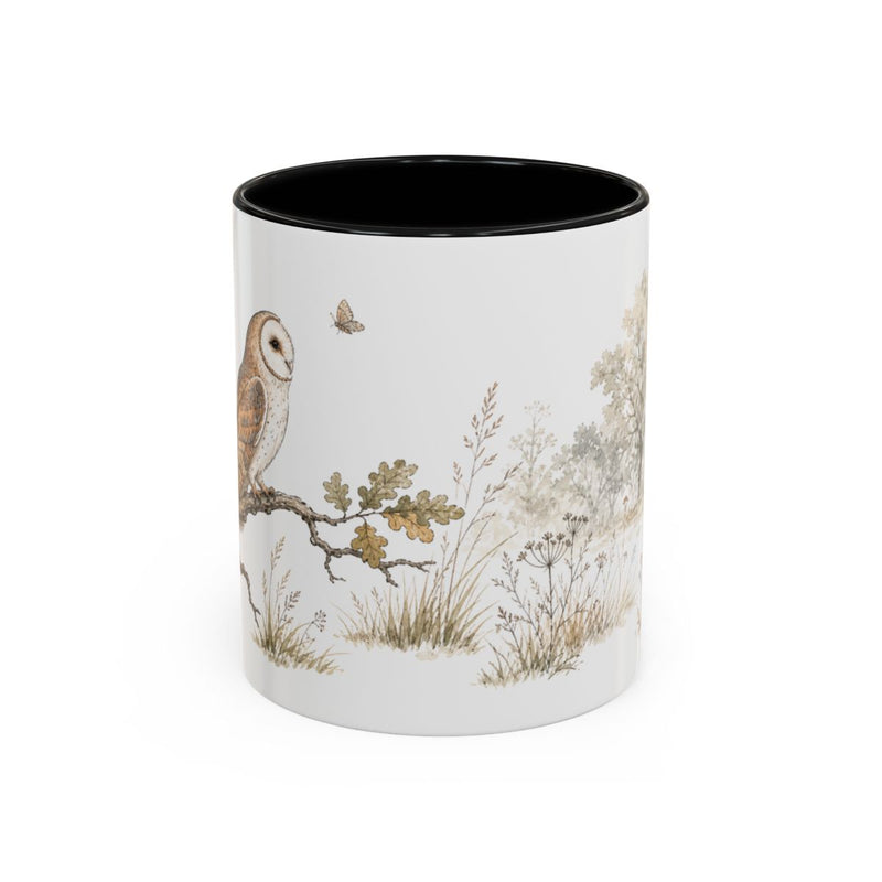 Barn Owl Accent Mug | Watercolor Nature Coffee Cup | 11oz 15oz Farm Animal Gift — 11oz / Black — front