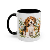 Beagle Mug, Cute Watercolor Dog Coffee Cup, Floral Pet Lover Gift, 11oz 15oz Ceramic Accent Mug — 11oz / Black — left