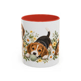 Beagle Mug, Cute Watercolor Dog Coffee Cup, Floral Pet Lover Gift, 11oz 15oz Ceramic Accent Mug — 11oz / Red — front