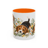 Beagle Mug, Cute Watercolor Dog Coffee Cup, Floral Pet Lover Gift, 11oz 15oz Ceramic Accent Mug — 11oz / Orange — front