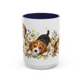 Beagle Mug, Cute Watercolor Dog Coffee Cup, Floral Pet Lover Gift, 11oz 15oz Ceramic Accent Mug — 15oz / Navy — front