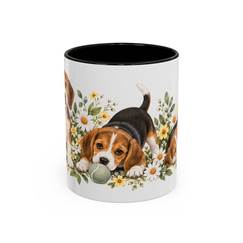 Beagle Mug, Cute Watercolor Dog Coffee Cup, Floral Pet Lover Gift, 11oz 15oz Ceramic Accent Mug — 11oz / Black — front