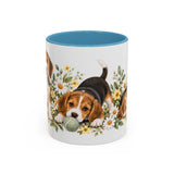 Beagle Mug, Cute Watercolor Dog Coffee Cup, Floral Pet Lover Gift, 11oz 15oz Ceramic Accent Mug — 11oz / Light Blue — front