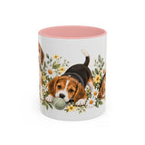 Beagle Mug, Cute Watercolor Dog Coffee Cup, Floral Pet Lover Gift, 11oz 15oz Ceramic Accent Mug — 11oz / Pink — front