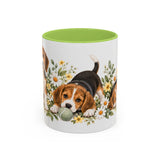 Beagle Mug, Cute Watercolor Dog Coffee Cup, Floral Pet Lover Gift, 11oz 15oz Ceramic Accent Mug — 11oz / Light Green — front