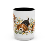 Beagle Mug, Cute Watercolor Dog Coffee Cup, Floral Pet Lover Gift, 11oz 15oz Ceramic Accent Mug — 15oz / Black — front