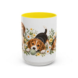 Beagle Mug, Cute Watercolor Dog Coffee Cup, Floral Pet Lover Gift, 11oz 15oz Ceramic Accent Mug — 15oz / Yellow — front