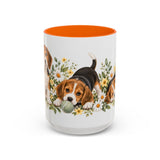 Beagle Mug, Cute Watercolor Dog Coffee Cup, Floral Pet Lover Gift, 11oz 15oz Ceramic Accent Mug — 15oz / Orange — front