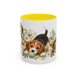 Beagle Mug, Cute Watercolor Dog Coffee Cup, Floral Pet Lover Gift, 11oz 15oz Ceramic Accent Mug — 11oz / Yellow — front