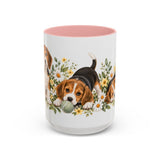 Beagle Mug, Cute Watercolor Dog Coffee Cup, Floral Pet Lover Gift, 11oz 15oz Ceramic Accent Mug — 15oz / Pink — front