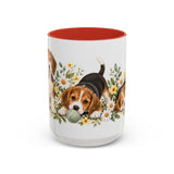 Beagle Mug, Cute Watercolor Dog Coffee Cup, Floral Pet Lover Gift, 11oz 15oz Ceramic Accent Mug — 15oz / Red — front
