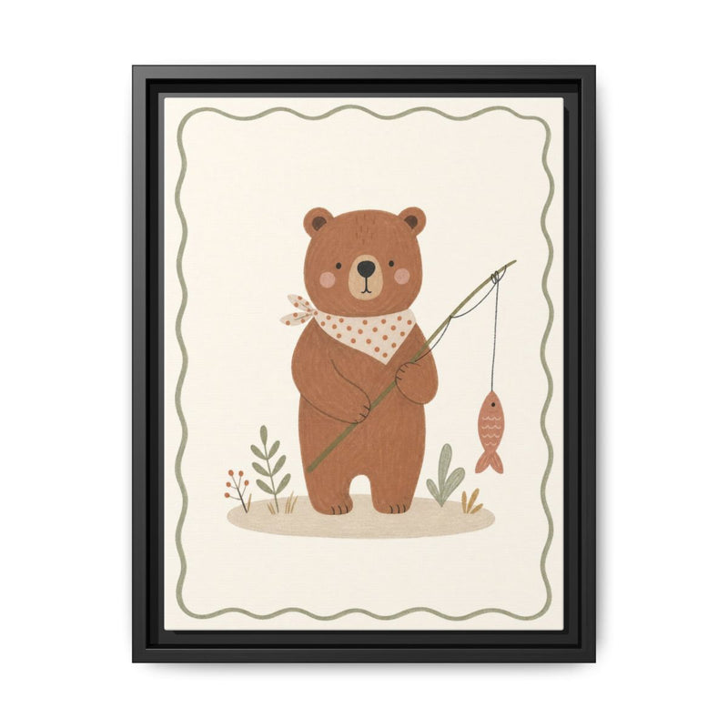 Bear Fishing Framed Nursery Canvas, Storybook Kids Room Wall Art, 12x16 18x24 — 6ad866799136e3edae0e5daf_88292_103215_front
