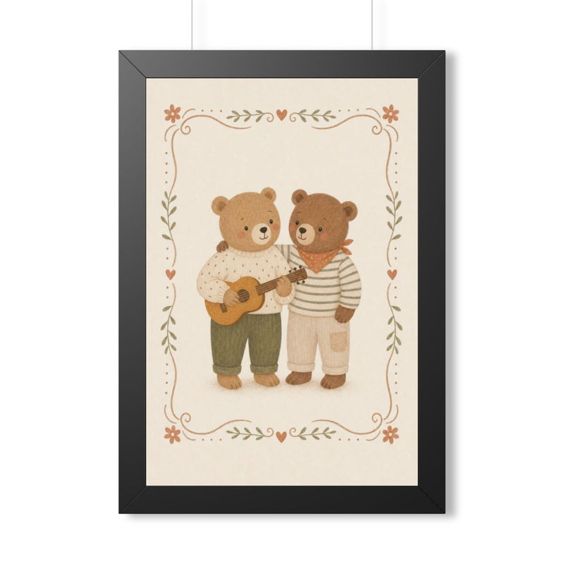 Bear Friends Music Framed Nursery Poster | Storybook Wall Art | Kids Room Decor | Black Walnut White Frame | 16x24 20x30 — 6ad86f9f75bf325e530b93bf_69668_124096_front