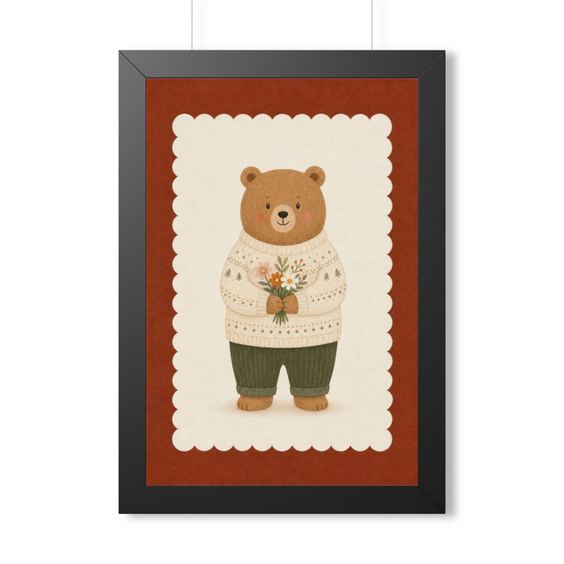Bear with Bouquet Framed Nursery Poster | Storybook Wall Art | Kids Room Decor | Black Walnut White Frame | 16x24 20x30 — 6ad86fd2533917771e060d14_69668_124096_front