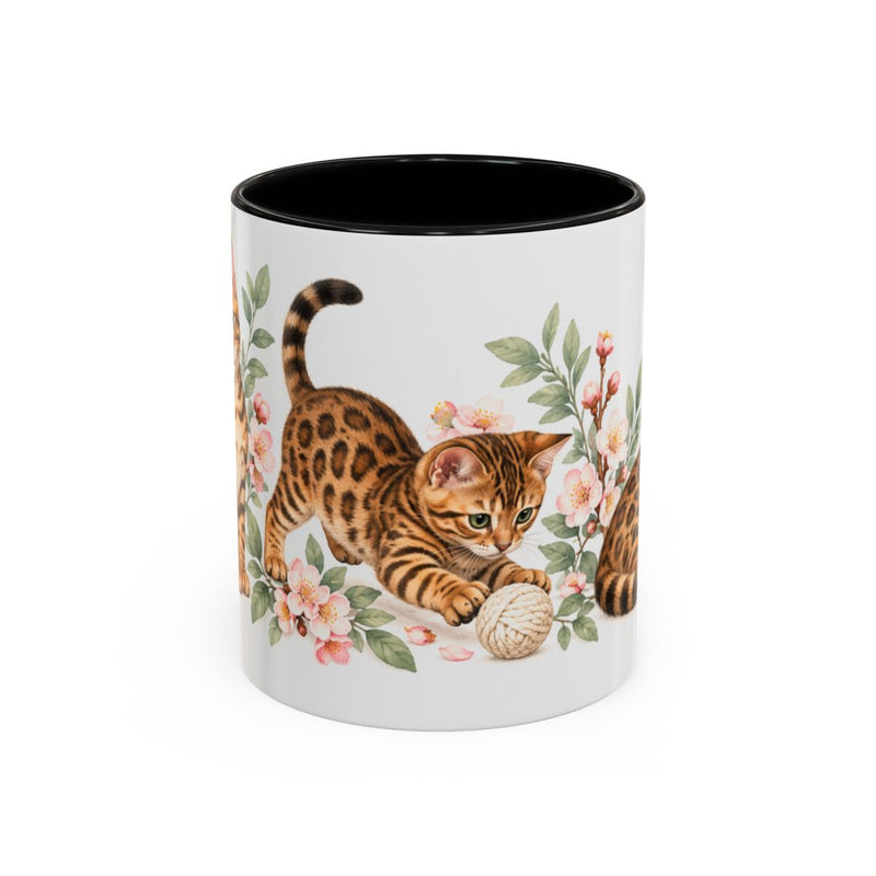 Bengal Mug, Cute Watercolor Cat Coffee Cup, Floral Pet Lover Gift, 11oz 15oz Ceramic Accent Mug — 11oz / Black — front