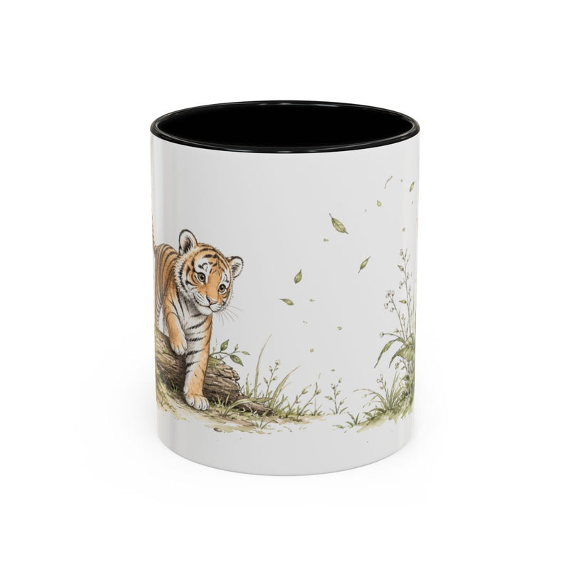 Bengal Tiger Cub Accent Mug | Watercolor Nature Coffee Cup | 11oz 15oz Waterside Animal Gift — 11oz / Black — front