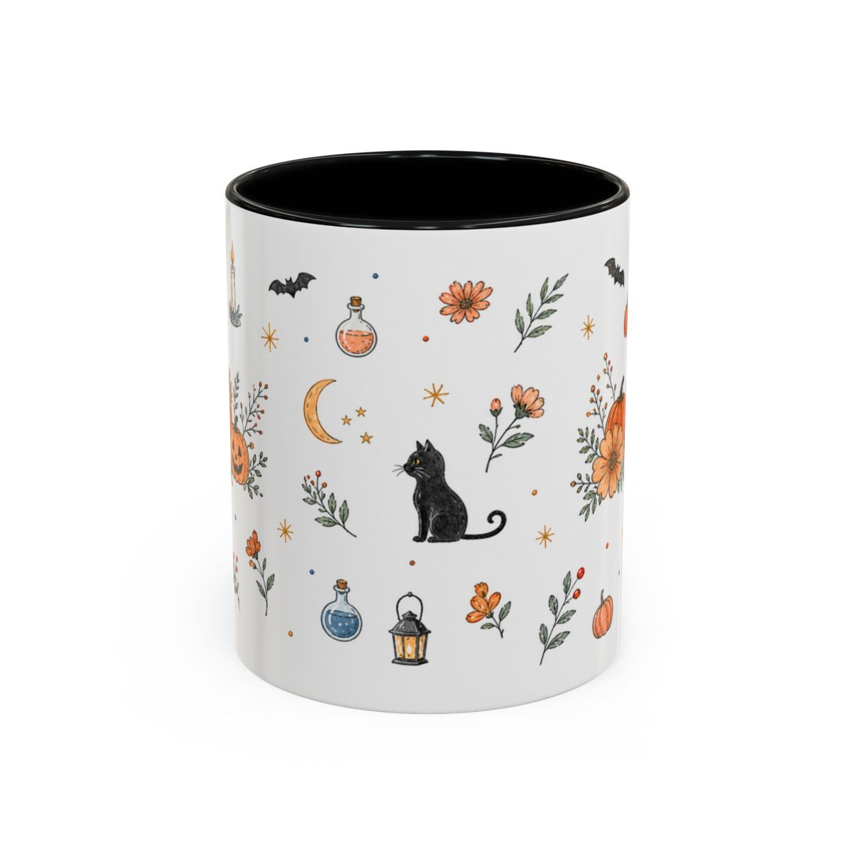 Black Cat Halloween Mug — Pumpkin Moon Watercolor Gift — Spooky Accent Cup 11oz 15oz — Front view — Photo 1