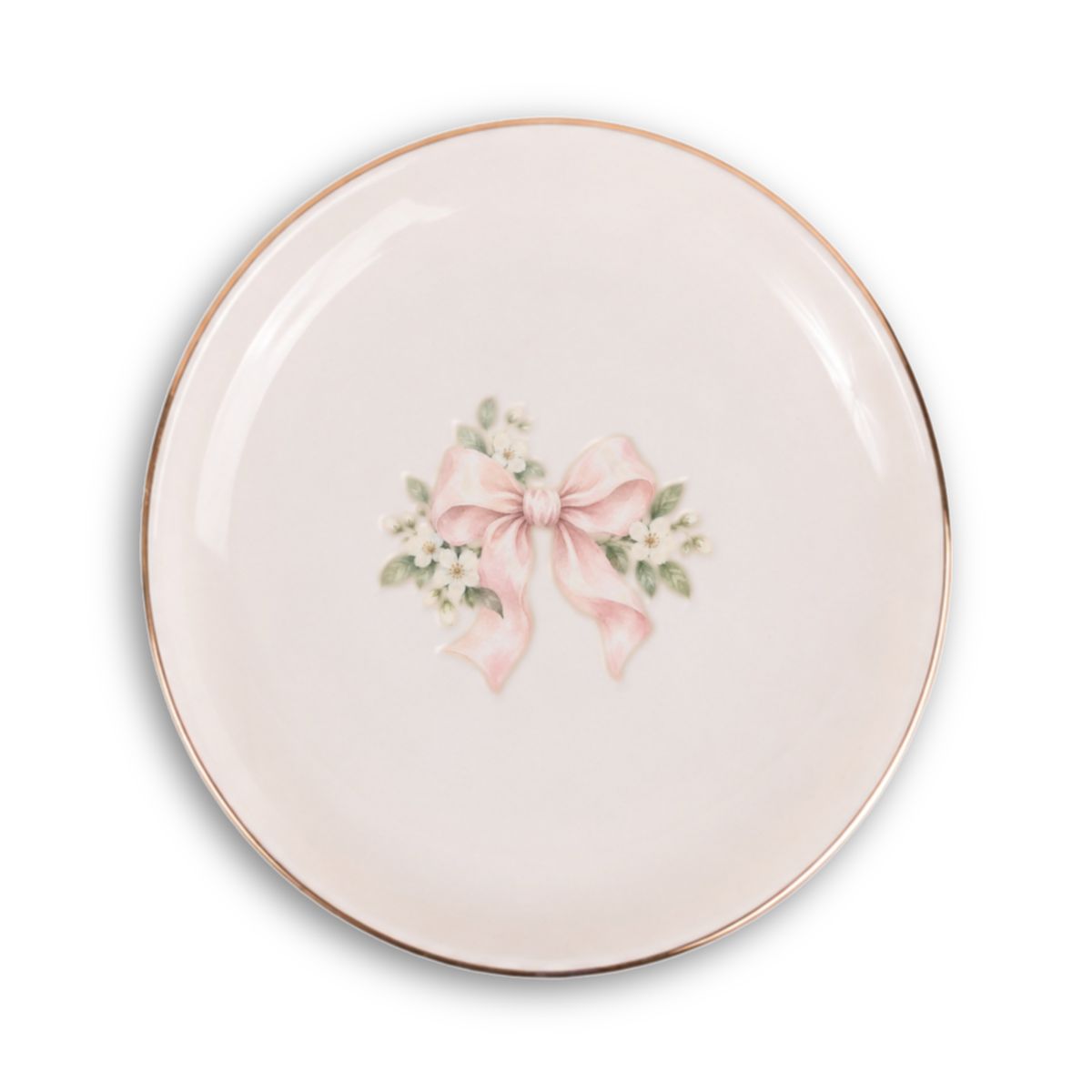 Blush Bridal Bow Ceramic Ring Dish, Gold Rim Trinket Tray, Jewelry Holder Gift, Round Wavy Round Heart — Front view — Photo 1
