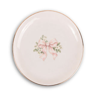 Blush Bridal Bow Ceramic Ring Dish, Gold Rim Trinket Tray, Jewelry Holder Gift, Round Wavy Round Heart — Front view — Photo 1