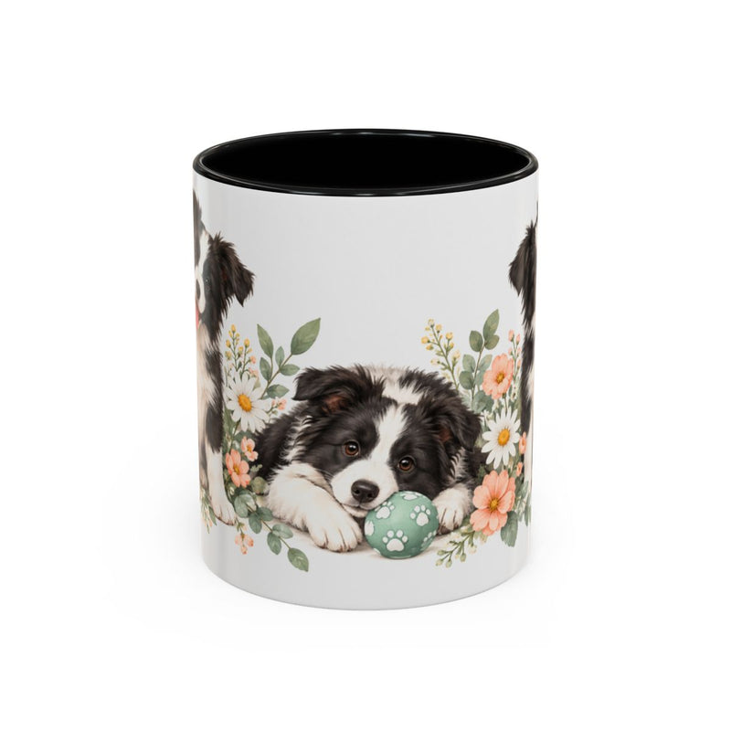 Border Collie Mug, Cute Watercolor Dog Coffee Cup, Floral Pet Lover Gift, 11oz 15oz Ceramic Accent Mug — 11oz / Black — front